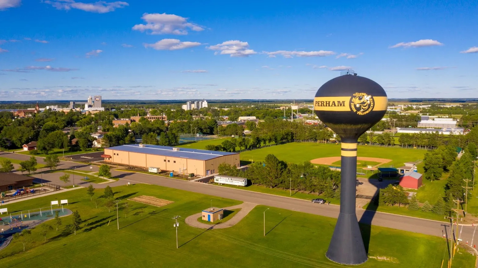 Aerial view over Perham area lakes at sunrise